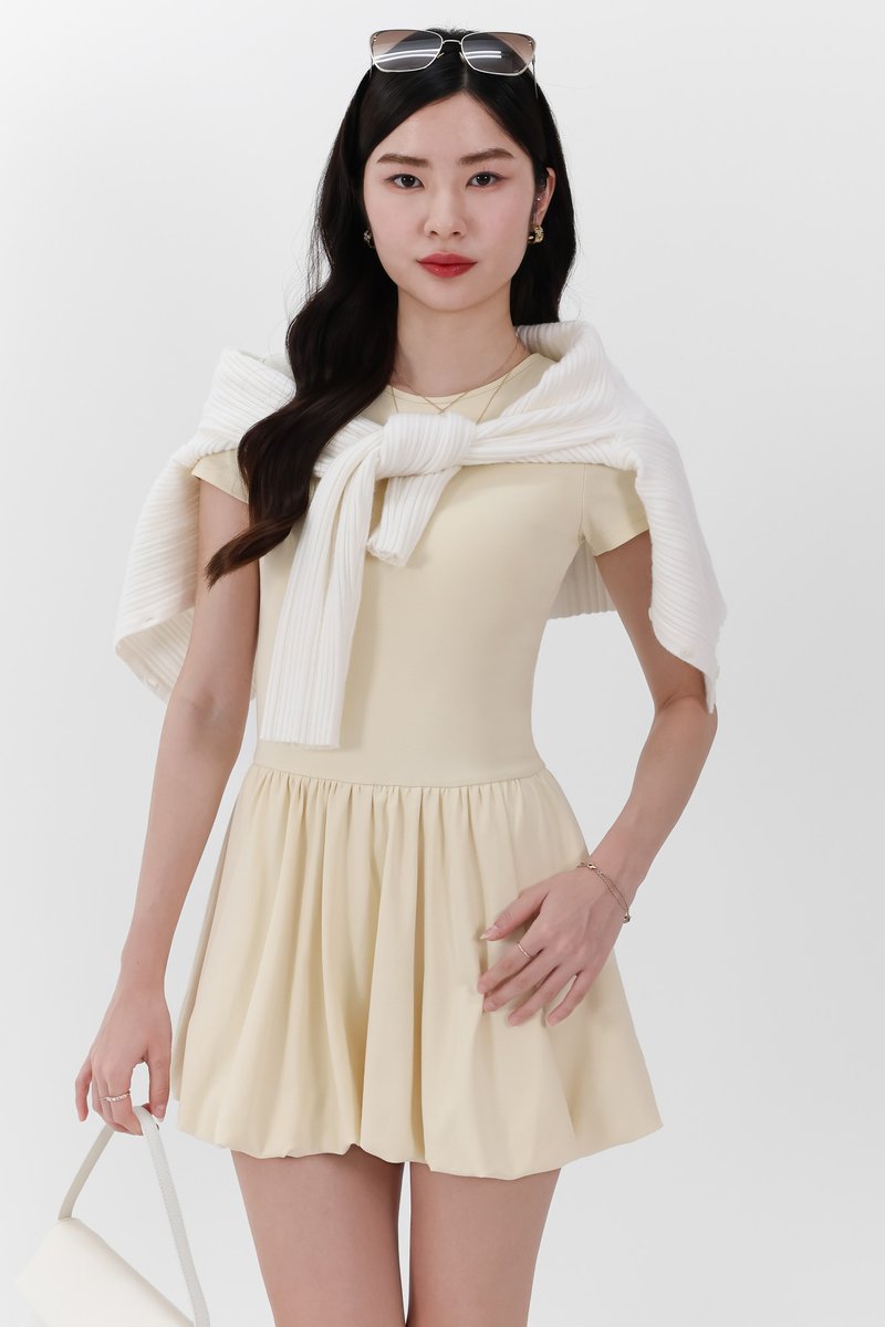 Serla Sleeved Bubble Romper Dress in Pastel Yellow