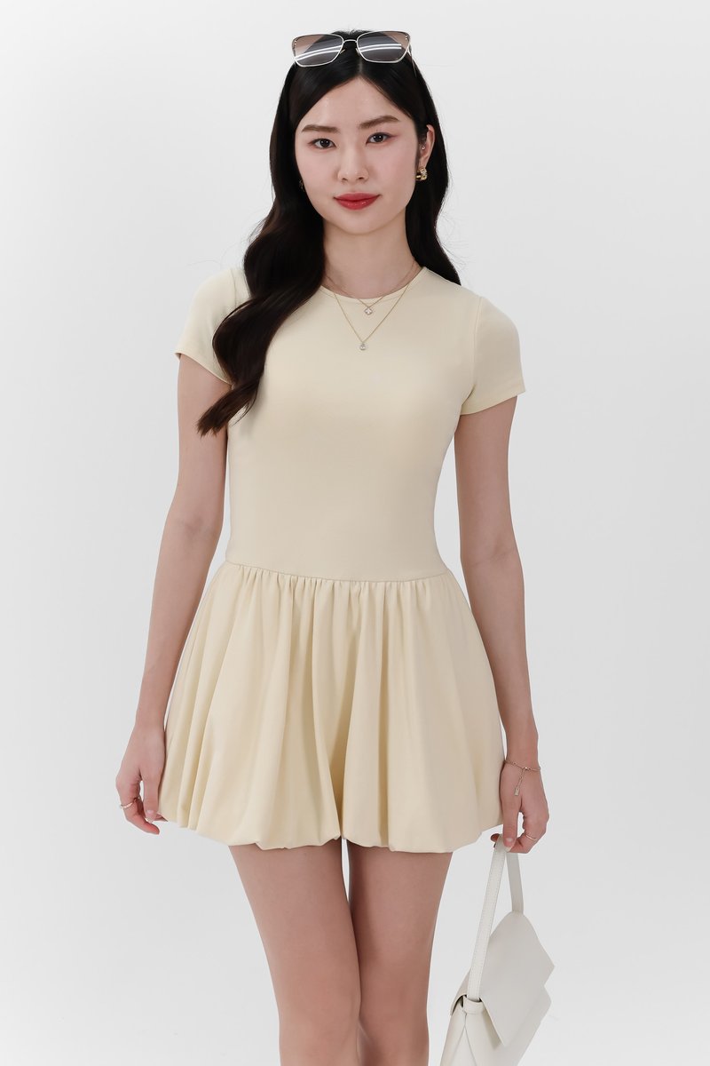 Serla Sleeved Bubble Romper Dress in Pastel Yellow