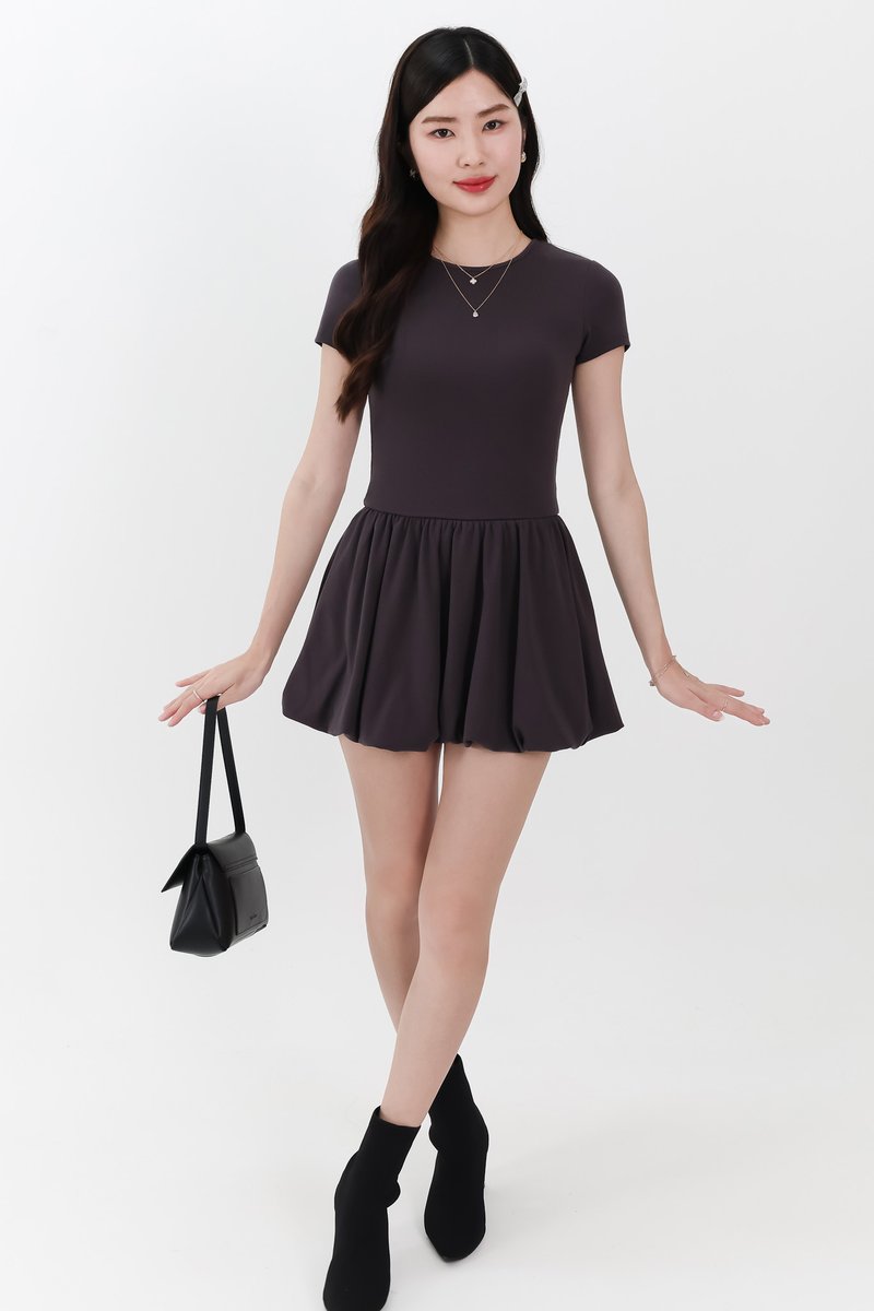 Serla Sleeved Bubble Romper Dress in Dark Grey