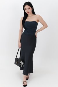 RESTOCKS | Chelsea Co-ord Satin Skirt in Midnight Steel ( Petite Length )