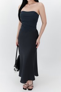 RESTOCKS | Chelsea Co-ord Satin Skirt in Midnight Steel ( Petite Length )