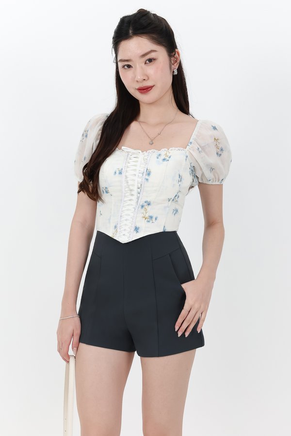 DEFECT | Cammie Corset Sleeved Top in Blue Florals in L