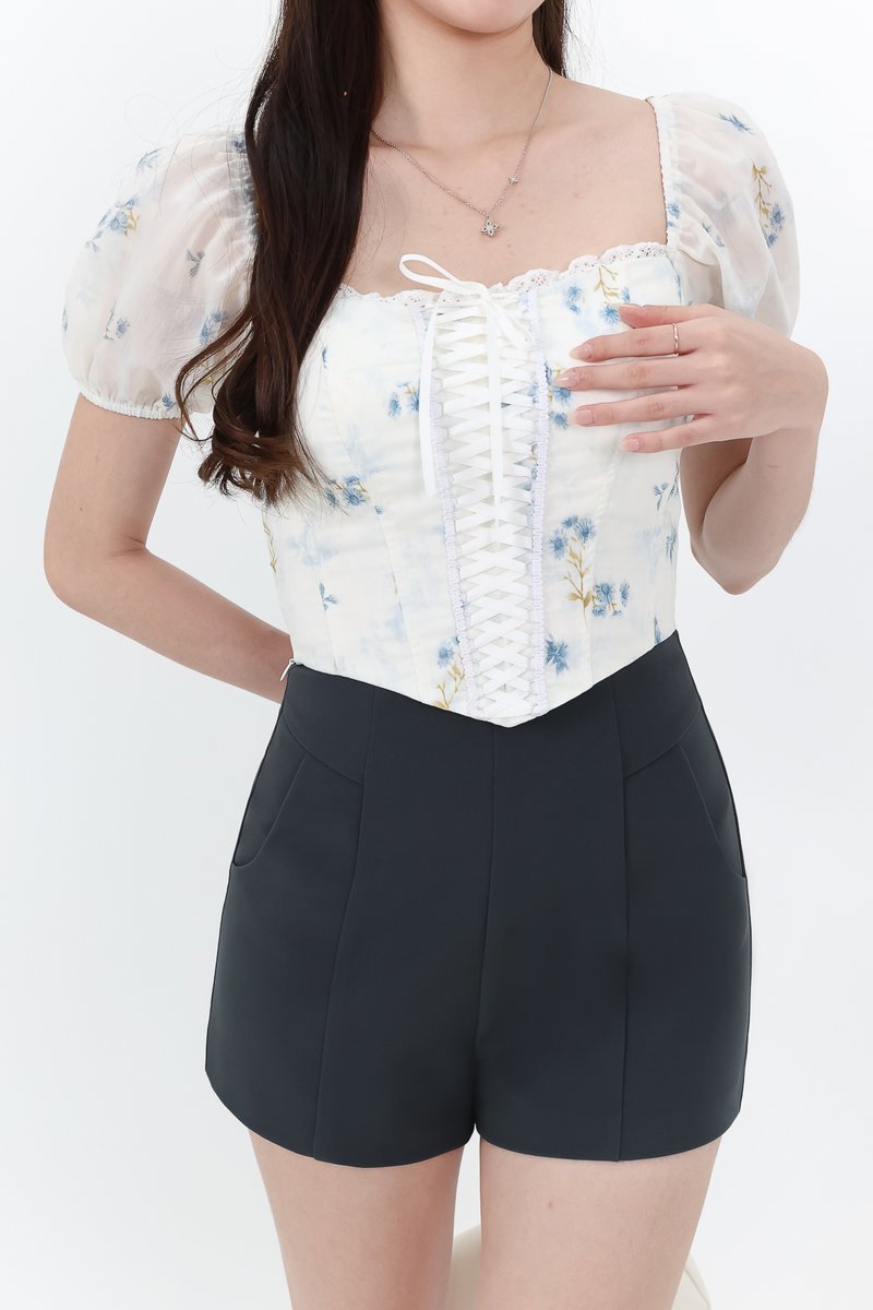 DEFECT | Cammie Corset Sleeved Top in Blue Florals in L