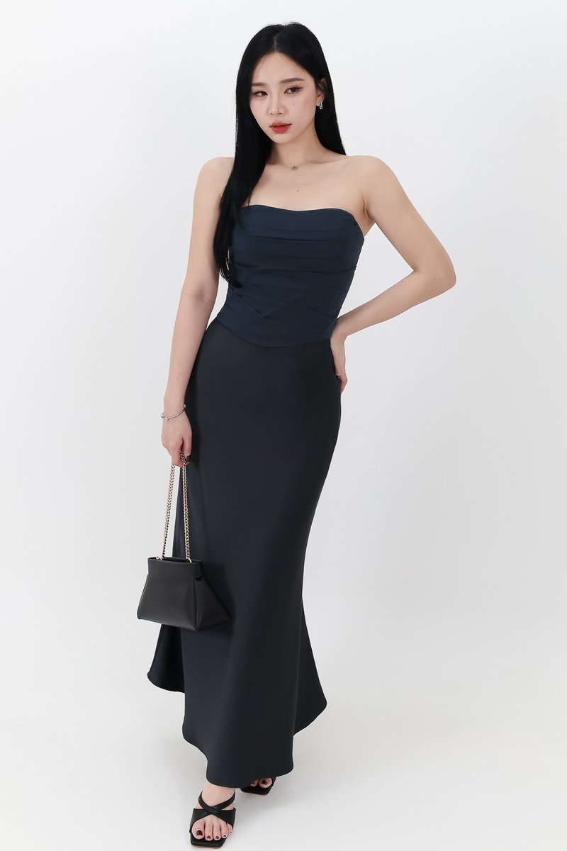 RESTOCKS | Chelsea Co-ord Satin Skirt in Midnight Steel ( Regular Length )