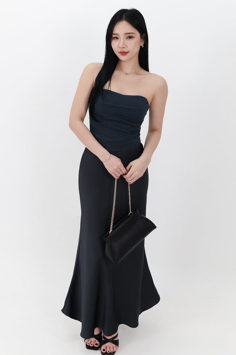 RESTOCKS | Chelsea Co-ord Satin Skirt in Midnight Steel ( Regular Length )