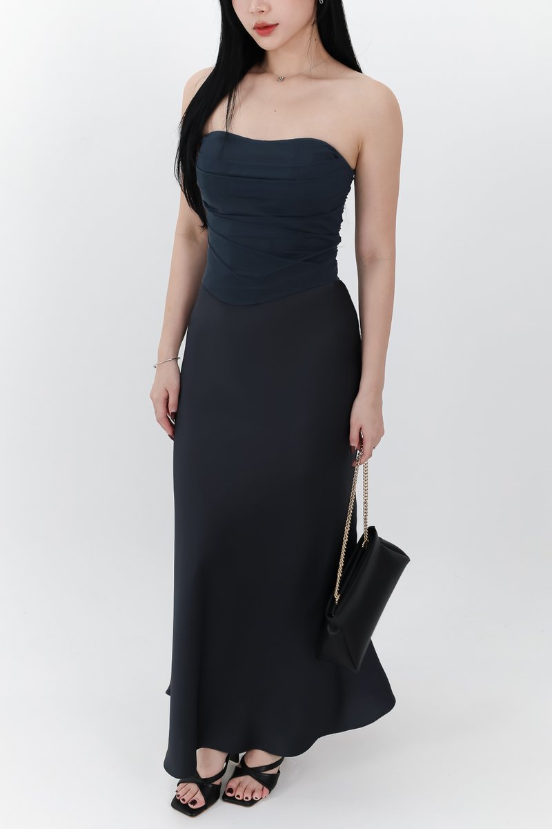 RESTOCKS | Chelsea Co-ord Satin Skirt in Midnight Steel ( Regular Length )
