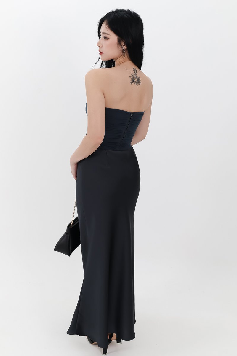 RESTOCKS | Chelsea Co-ord Satin Skirt in Midnight Steel ( Regular Length )