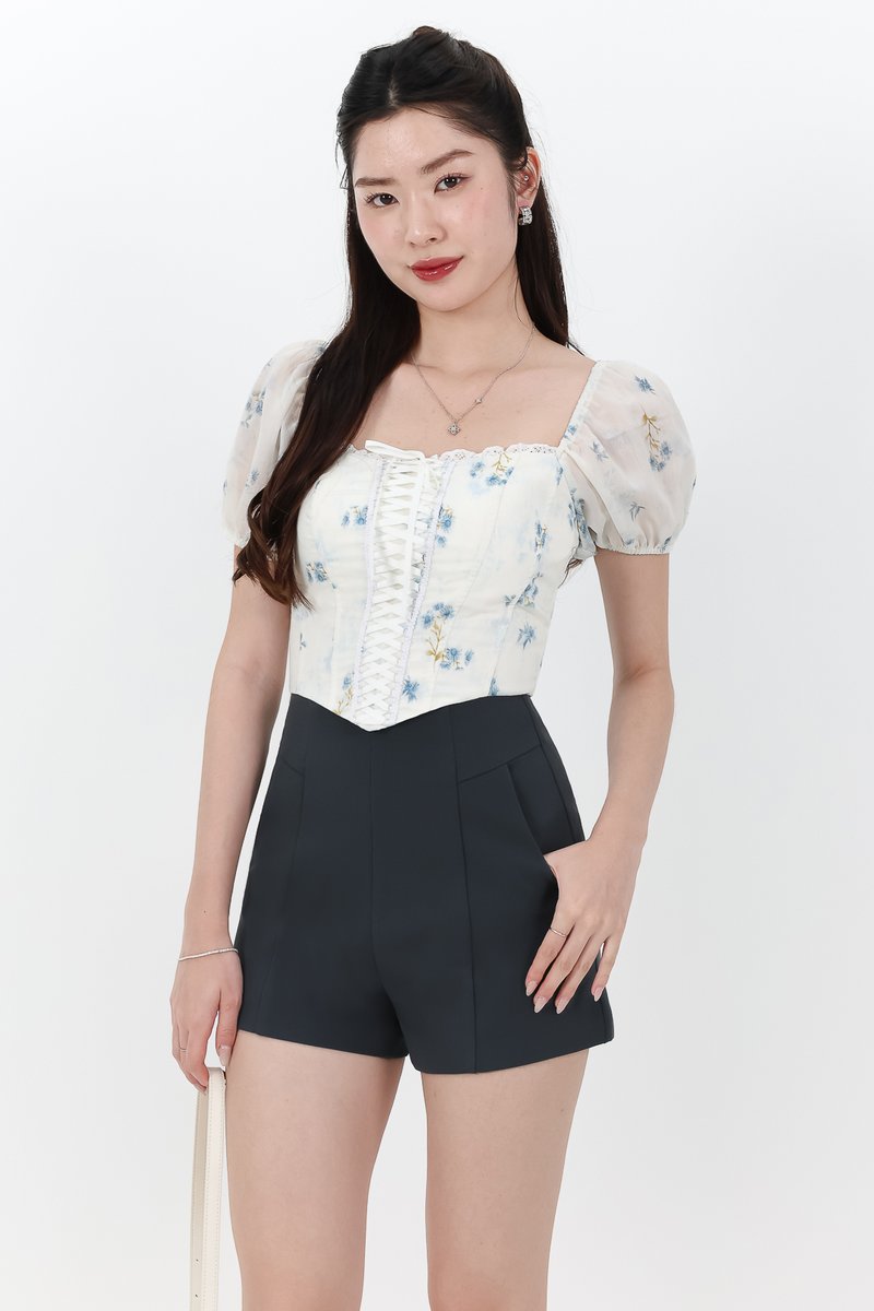 DEFECT | Cammie Corset Sleeved Top in Blue Florals in L