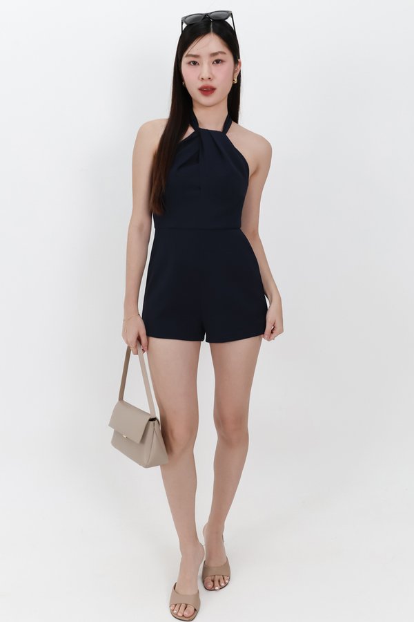 Hedy Halter Tie Romper in Midnight Navy