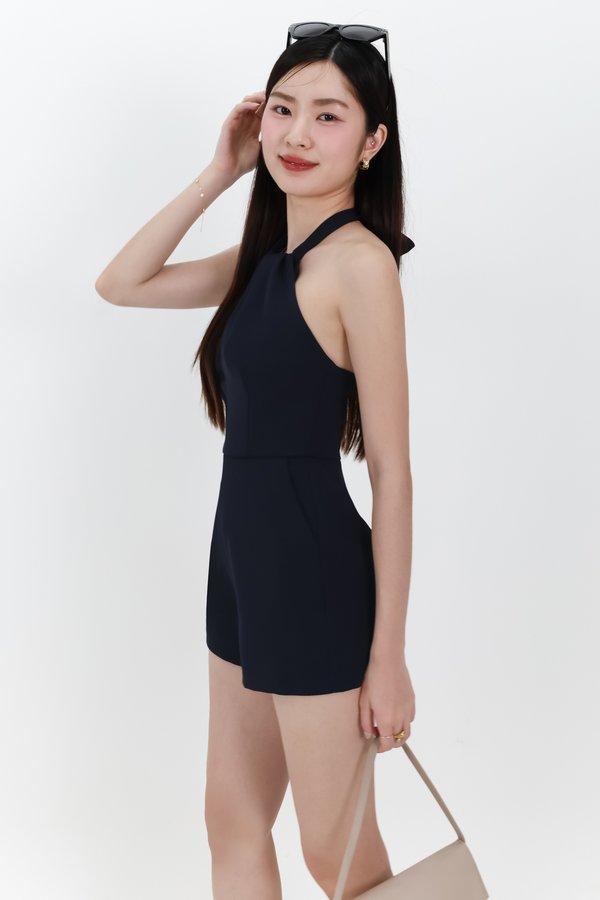 Hedy Halter Tie Romper in Midnight Navy