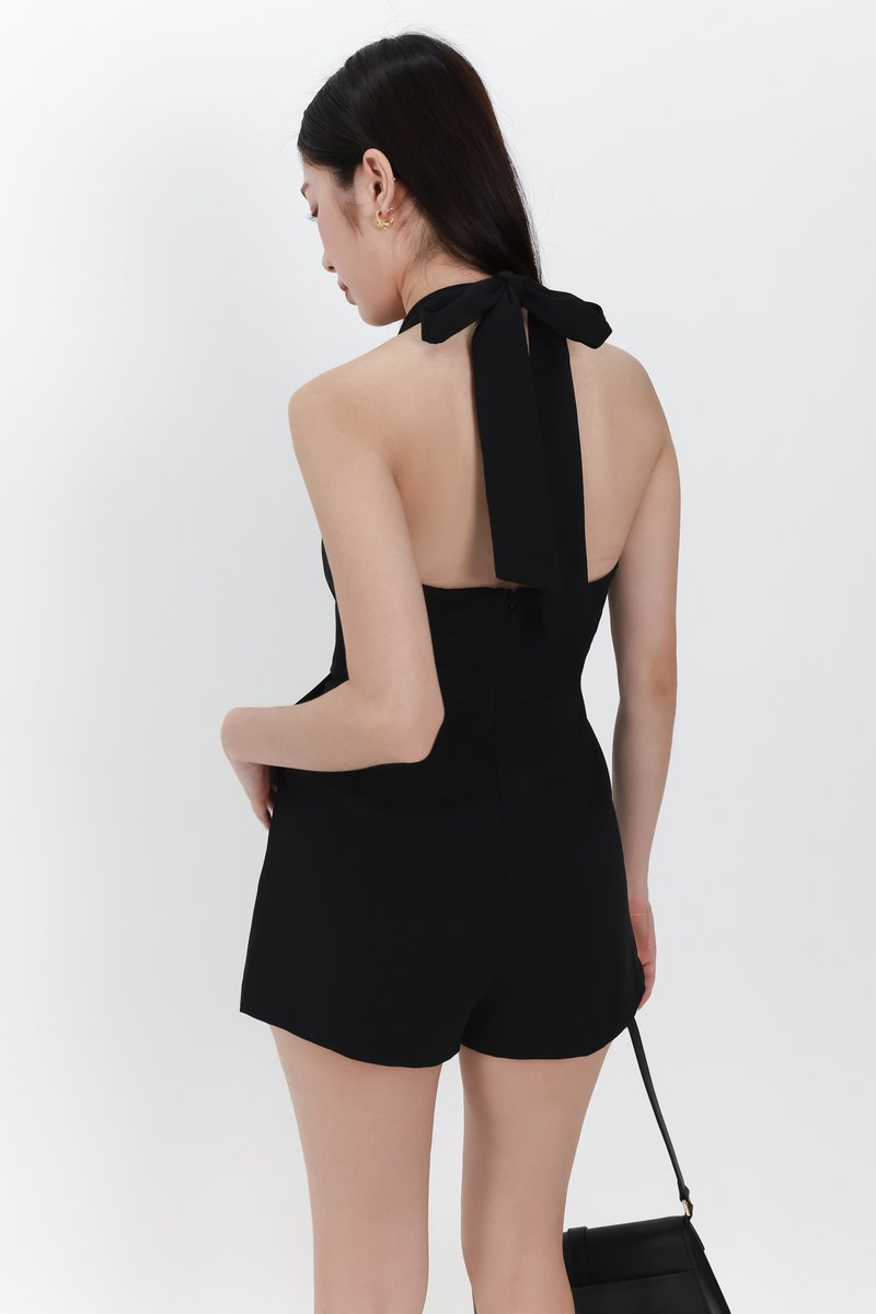 Hedy Halter Tie Romper in Black