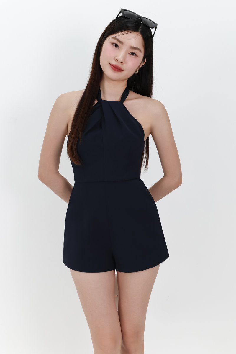 Hedy Halter Tie Romper in Midnight Navy