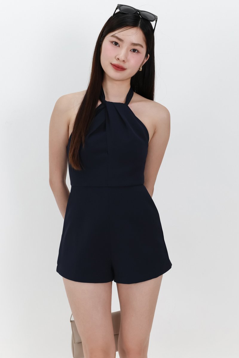 Hedy Halter Tie Romper in Black