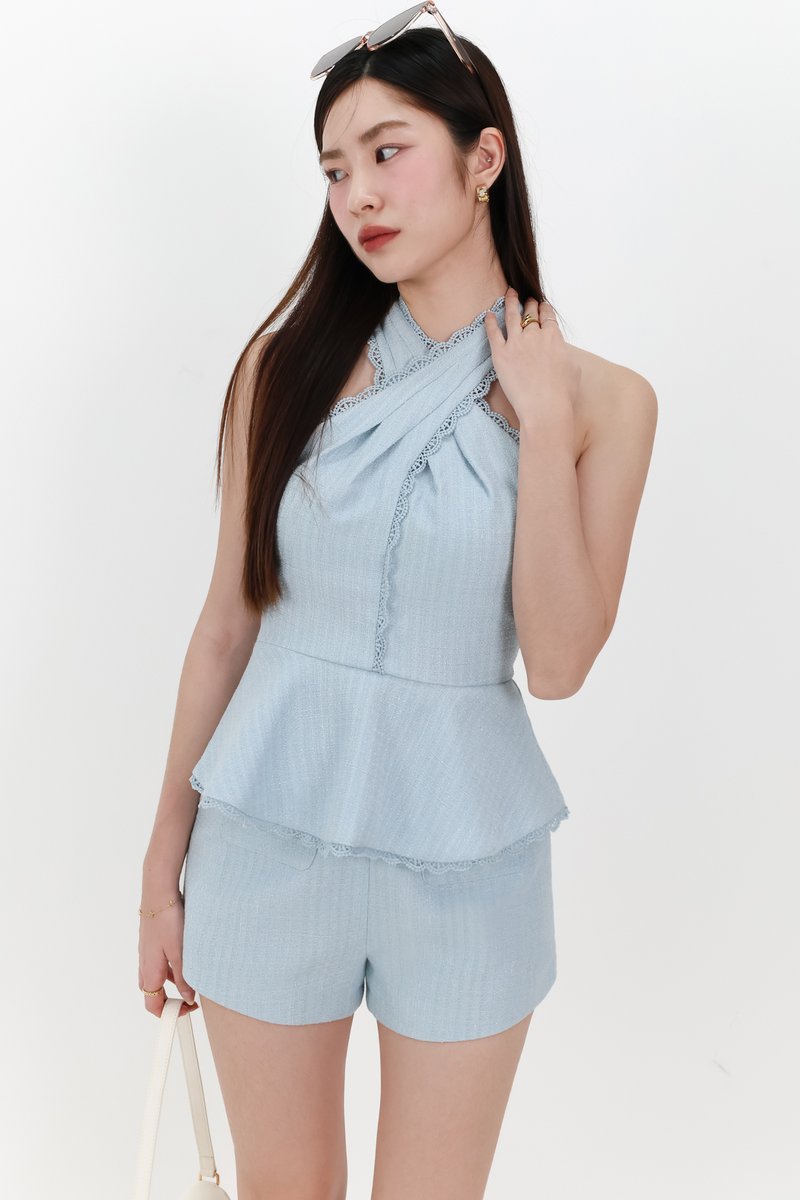Taerin Tweed Halter Co-ord Top in Blue