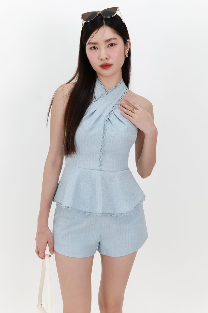 Taerin Tweed Halter Co-ord Top in Blue
