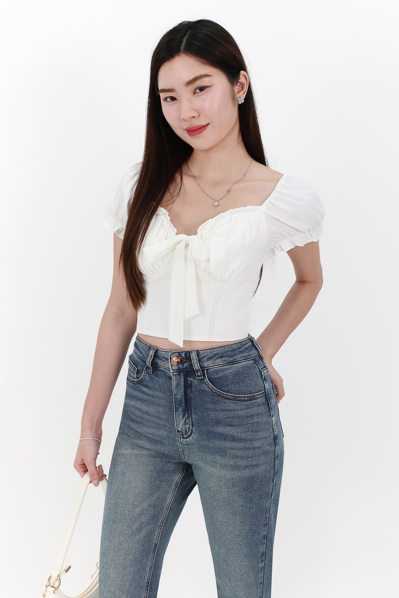 Reline Ribbon Sleeve Top in White