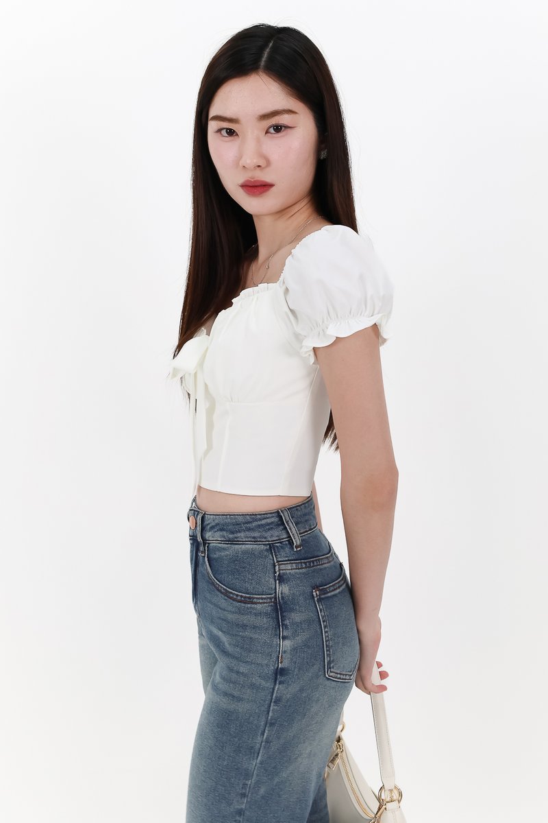 Reline Ribbon Sleeve Top in White