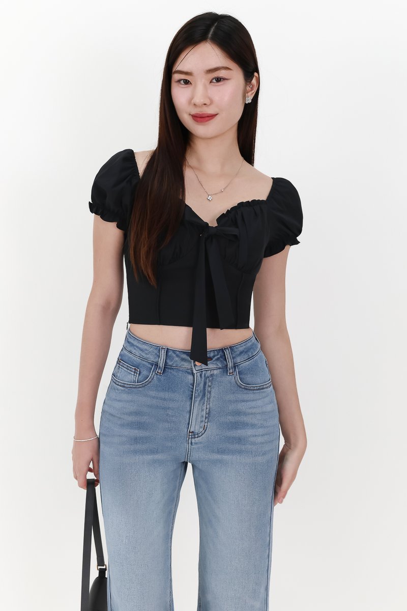 Reline Ribbon Sleeve Top in Black
