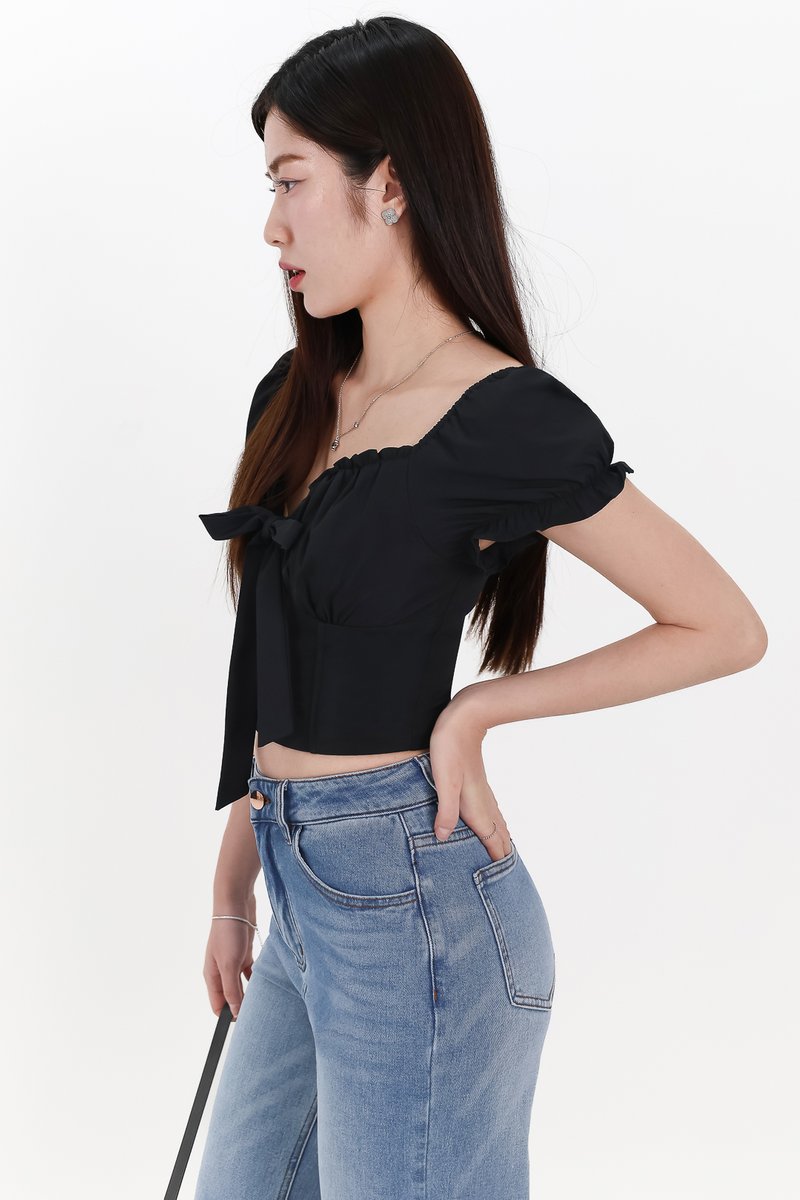 Reline Ribbon Sleeve Top in Black
