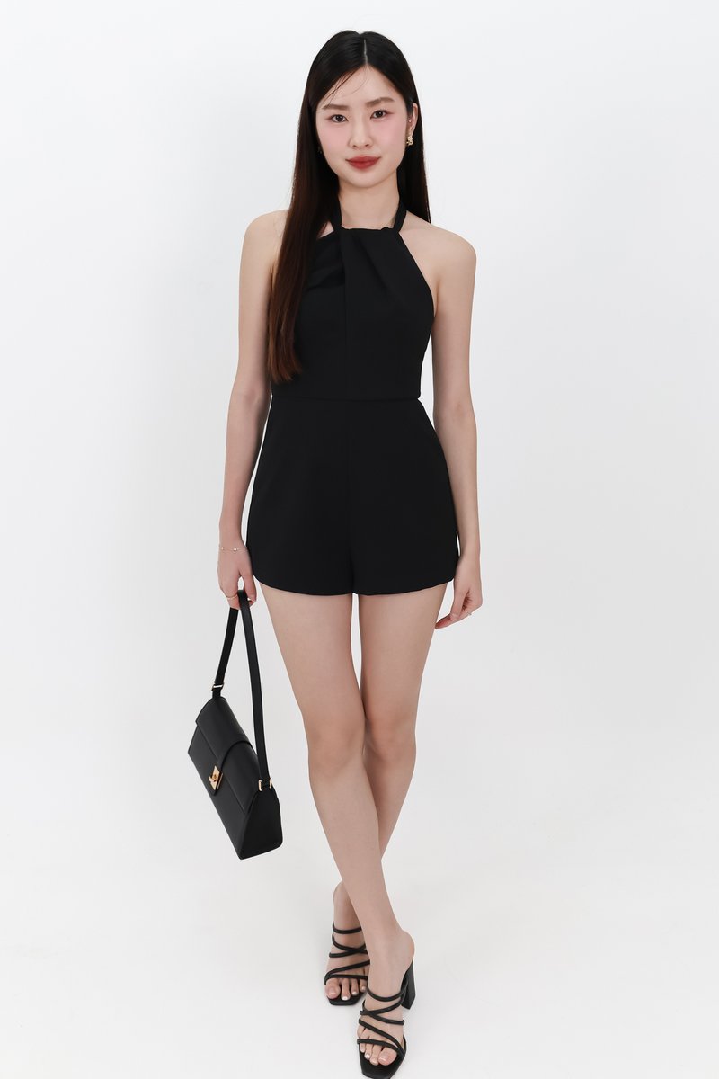 Hedy Halter Tie Romper in Black