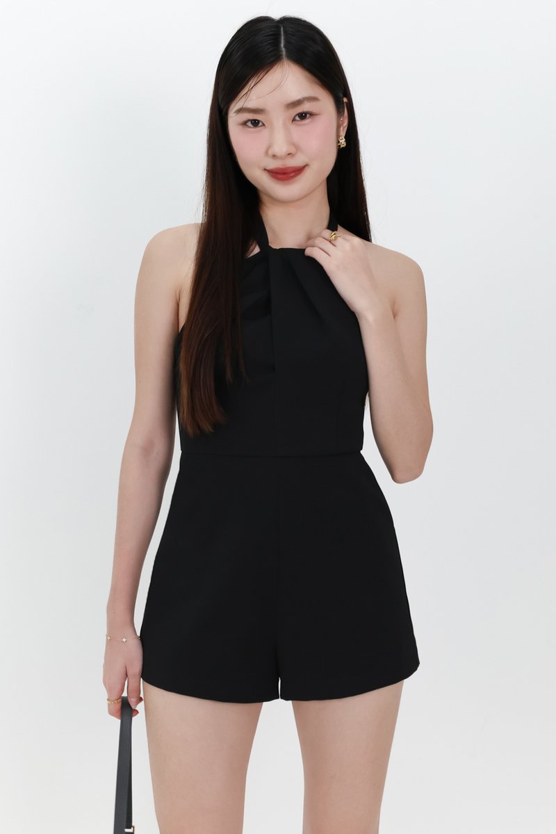 Hedy Halter Tie Romper in Black