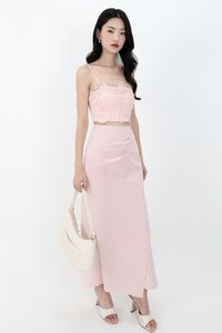 Odenne Overlap Ruched Midi Skirt in Pastel Pink ( Regular Length )