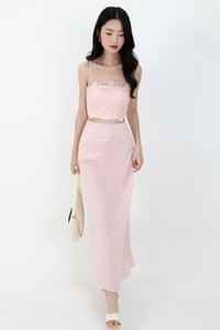 Odenne Overlap Ruched Midi Skirt in Pastel Pink ( Regular Length )