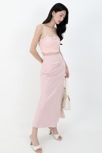 Odenne Overlap Ruched Midi Skirt in Pastel Pink ( Regular Length )