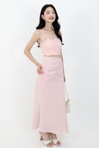 Odenne Overlap Ruched Midi Skirt in Pastel Pink ( Regular Length )