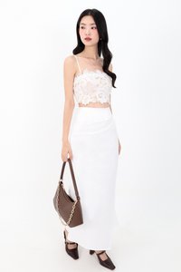 Odenne Overlap Ruched Midi Skirt in White ( Regular Length )