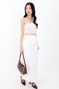 Odenne Overlap Ruched Midi Skirt in White ( Regular Length )
