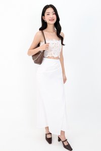 Odenne Overlap Ruched Midi Skirt in White ( Regular Length )