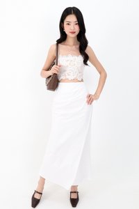 Odenne Overlap Ruched Midi Skirt in White ( Regular Length )