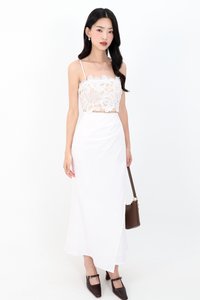 Odenne Overlap Ruched Midi Skirt in White ( Regular Length )