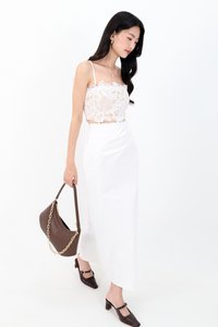 Odenne Overlap Ruched Midi Skirt in White ( Regular Length )