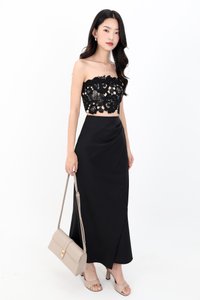 Odenne Overlap Ruched Midi Skirt in Black ( Regular Length )