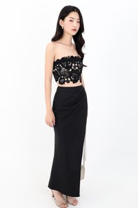 Odenne Overlap Ruched Midi Skirt in Black ( Regular Length )