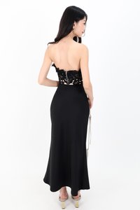 Odenne Overlap Ruched Midi Skirt in Black ( Regular Length )