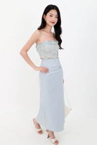 Odenne Overlap Ruched Midi Skirt in Blue ( Regular Length )