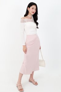 Odenne Overlap Ruched Midi Skirt in Pastel Pink ( Petite Length )
