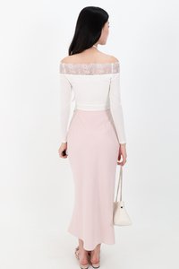 Odenne Overlap Ruched Midi Skirt in Pastel Pink ( Petite Length )
