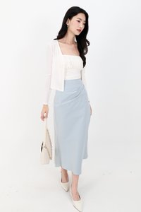 Odenne Overlap Ruched Midi Skirt in Blue ( Petite Length )