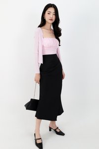 DEFECT | Odenne Overlap Ruched Midi Skirt in Black ( Petite Length ) in S DEFECT | Odenne Overlap Ruched Midi Skirt in Black ( Petite Length ) in S