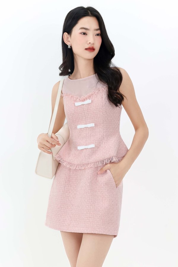 Trenita Tweed Mesh Co-ord Top in Pink