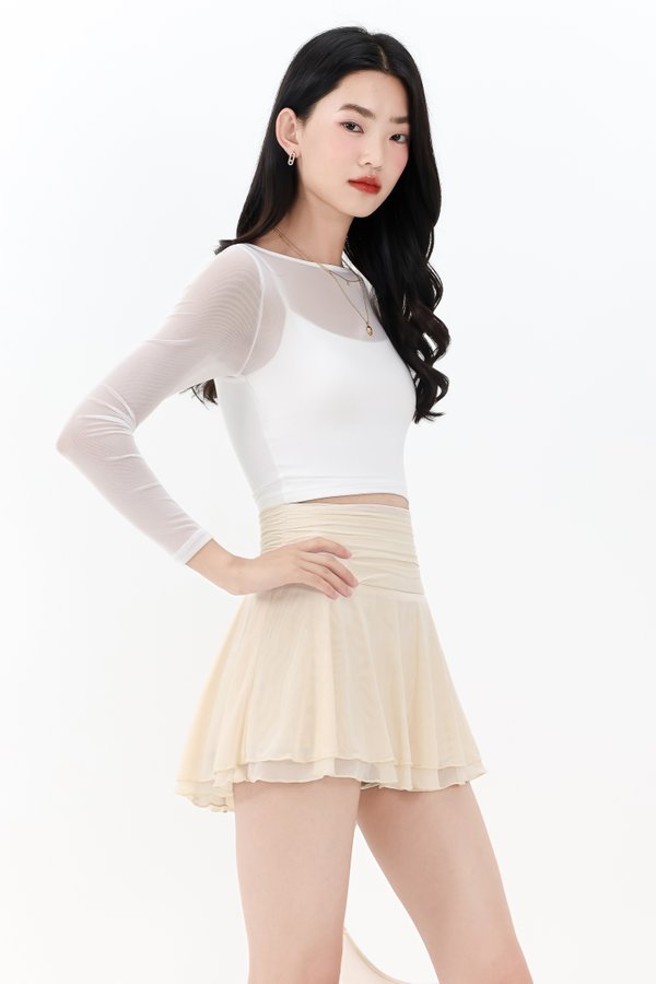DEFECT | Mia Mesh Overlay Sleeved Top in White in XS
