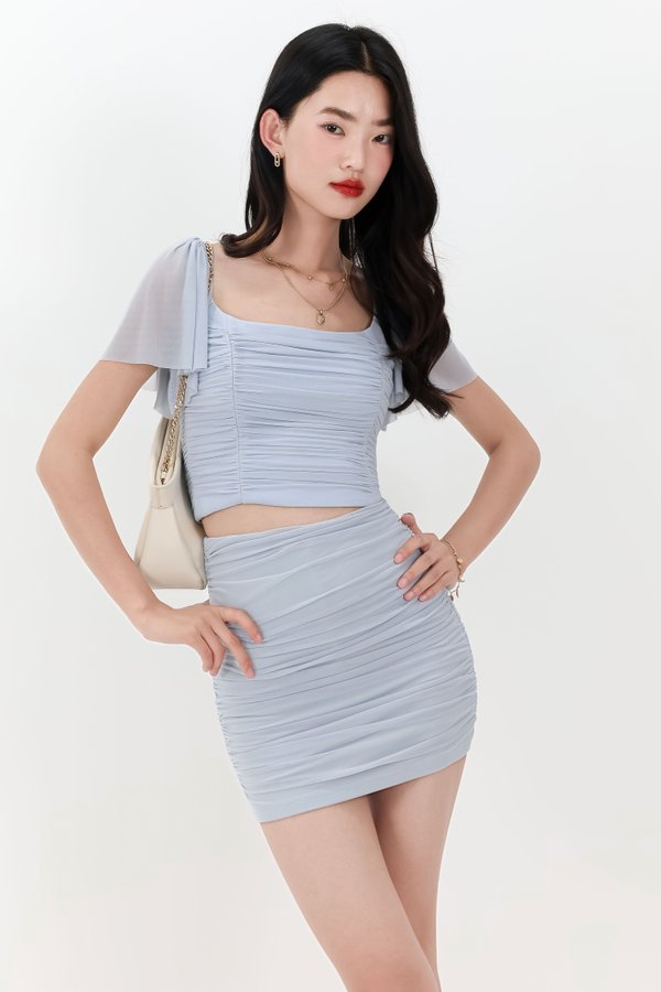 Mila Mesh Flutter Top in Light Grey Blue