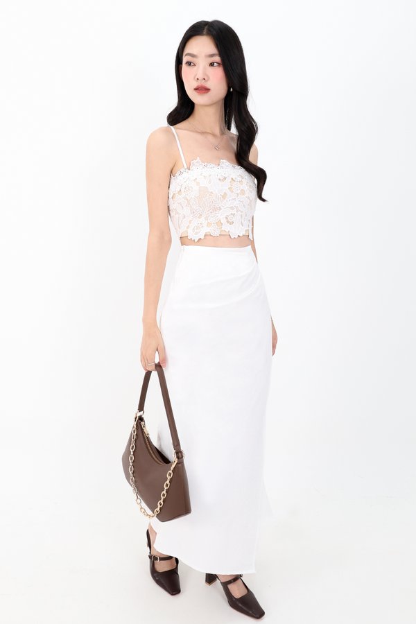 Odenne Overlap Ruched Midi Skirt in White ( Regular Length )