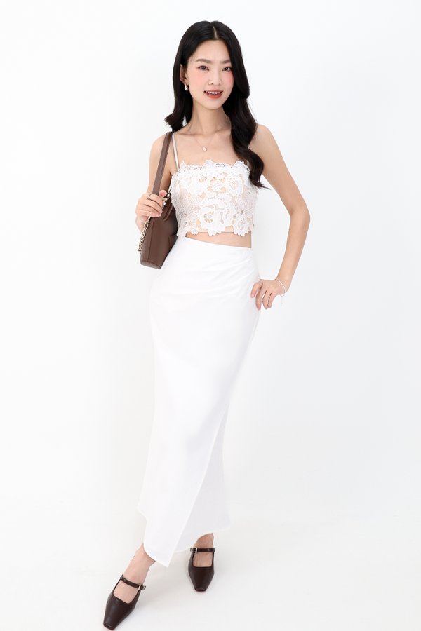 Odenne Overlap Ruched Midi Skirt in White ( Regular Length )