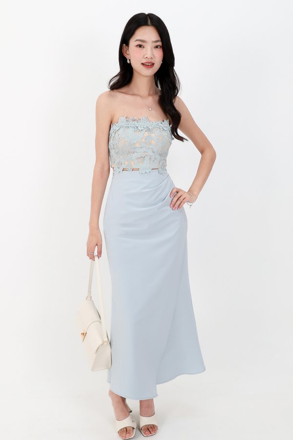 Odenne Overlap Ruched Midi Skirt in Blue ( Regular Length )
