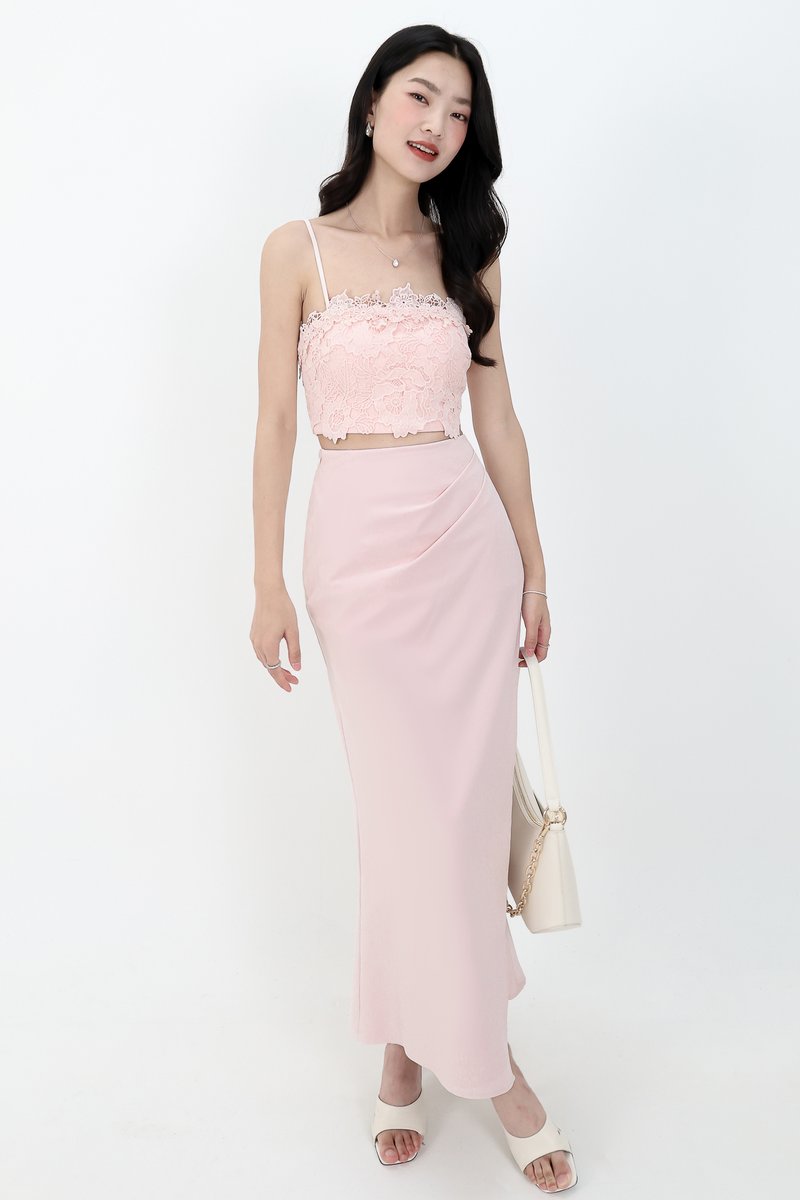 Odenne Overlap Ruched Midi Skirt in Pastel Pink ( Regular Length )
